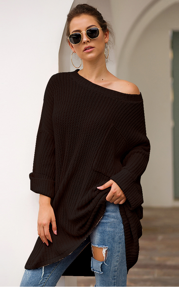 SZ60241-3 Black Knit One Shoulder Long Sleeve Casual Sweater